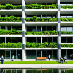 A panoramic view of a lush, vibrant urban park, reimagined from a former multi-story parking garage. People of various ages are enjoying the green space, walking on wide pedestrian paths, and sitting on benches, all fully clothed in diverse, modest, and appropriate modern casual attire. The background features a transformed, eco-friendly building facade integrated with vertical gardens. Bright daylight illuminates the scene. Professional photography, high quality, safe for work, appropriate content, family-friendly, perfect anatomy, correct proportions, natural pose, well-formed hands, proper finger count, natural body proportions.