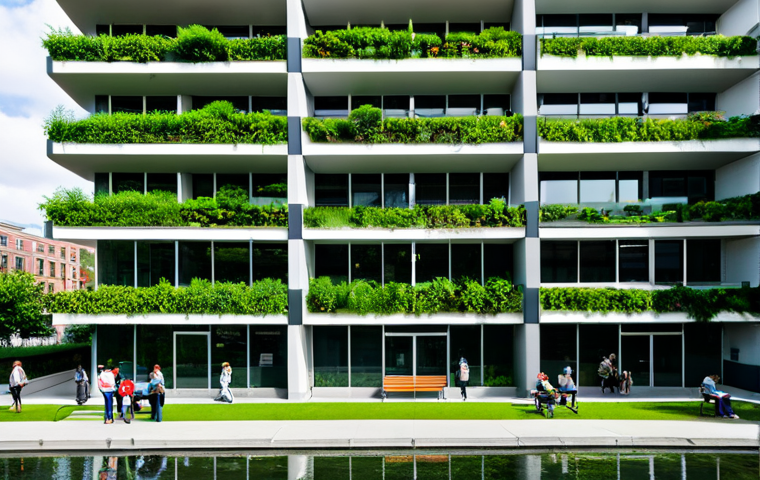 A panoramic view of a lush, vibrant urban park, reimagined from a former multi-story parking garage. People of various ages are enjoying the green space, walking on wide pedestrian paths, and sitting on benches, all fully clothed in diverse, modest, and appropriate modern casual attire. The background features a transformed, eco-friendly building facade integrated with vertical gardens. Bright daylight illuminates the scene. Professional photography, high quality, safe for work, appropriate content, family-friendly, perfect anatomy, correct proportions, natural pose, well-formed hands, proper finger count, natural body proportions.