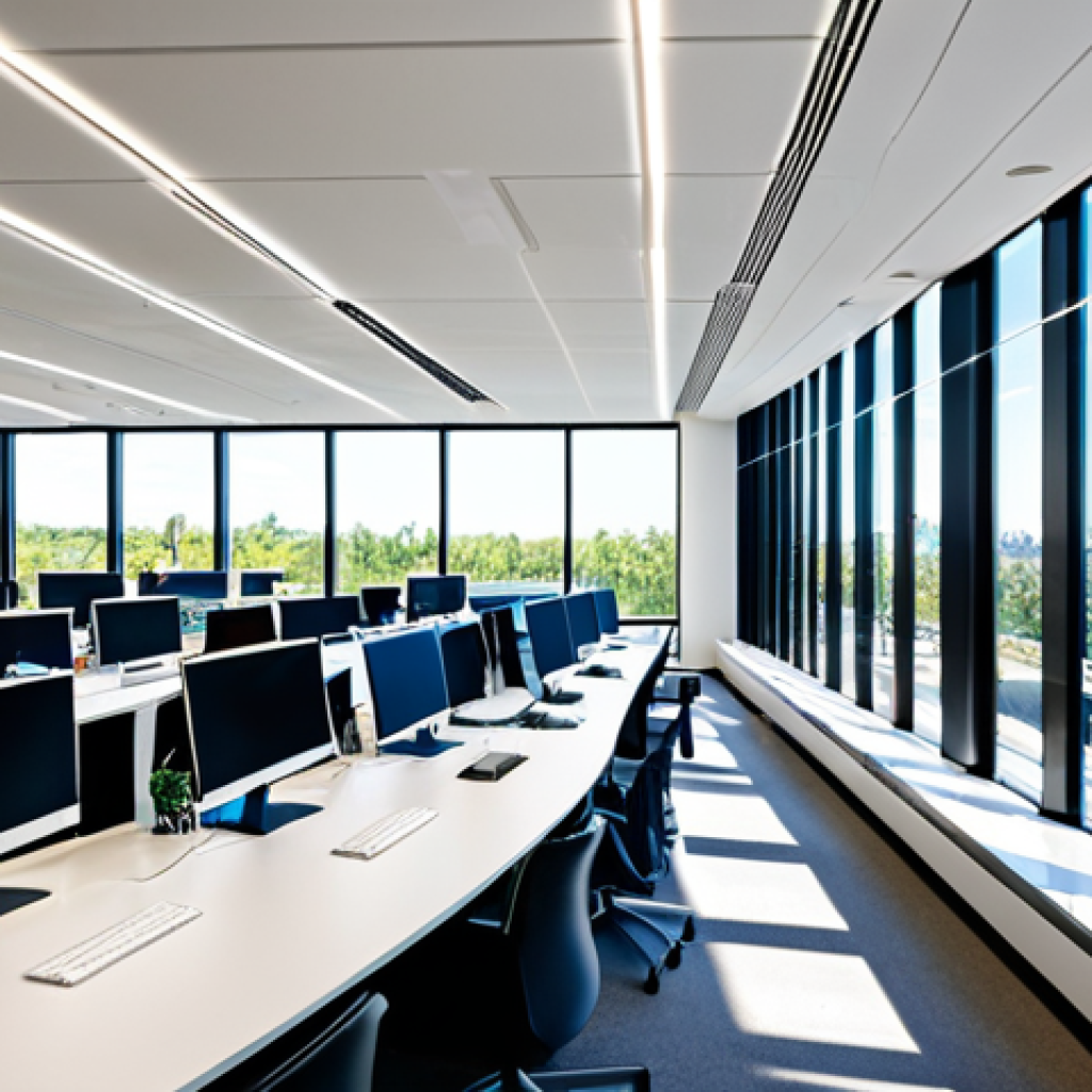 Modern Office with Dynamic Glazing**

"A bright and airy modern office space featuring large windows with dynamic glazing, adjusting to the sunlight. Fully clothed professionals are working at their desks in a comfortable environment. The AI-powered system optimizes daylighting to enhance productivity. Safe for work, appropriate content, fully clothed, perfect anatomy, natural proportions, professional office setting, high quality, family-friendly."

**