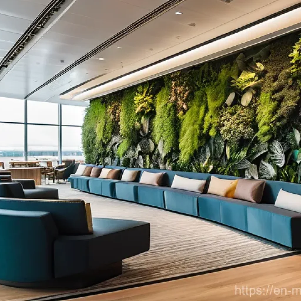 현대건축물 공항 건축 설계 - **Biophilic Oasis Airport Lounge:**
    "A wide-angle shot of a serene and modern airport lounge des...