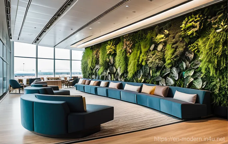 현대건축물 공항 건축 설계 - **Biophilic Oasis Airport Lounge:**
    "A wide-angle shot of a serene and modern airport lounge des...