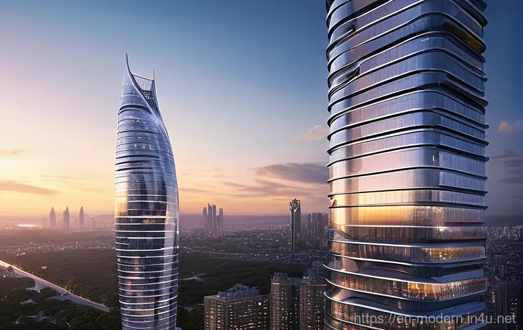 현대건축물 AI 기반 건축 설계 - **AI-Generated Futuristic Skyscraper at Dusk:** A breathtaking, cutting-edge skyscraper dominating a...