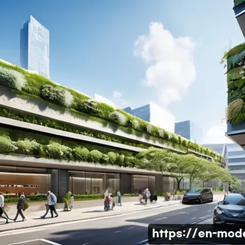 현대건축물 도심 속 자연 공간 - **Prompt:** "A futuristic urban cityscape featuring a towering, sustainably designed skyscraper at i...