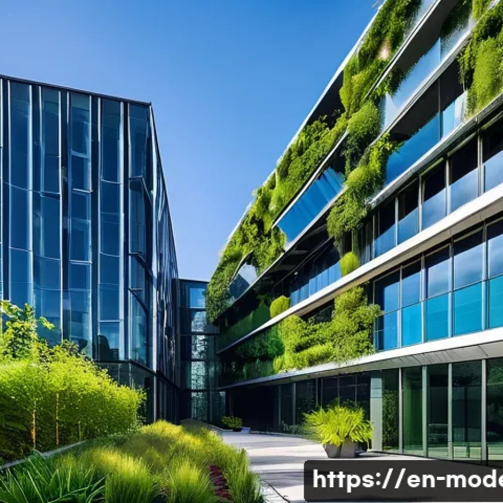 현대건축물 저탄소 건축 프로젝트 - A modern eco-friendly office building exterior featuring sleek glass facades embedded with building-...