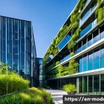 현대건축물 저탄소 건축 프로젝트 - A modern eco-friendly office building exterior featuring sleek glass facades embedded with building-...