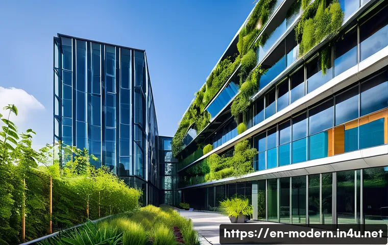 현대건축물 저탄소 건축 프로젝트 - A modern eco-friendly office building exterior featuring sleek glass facades embedded with building-...