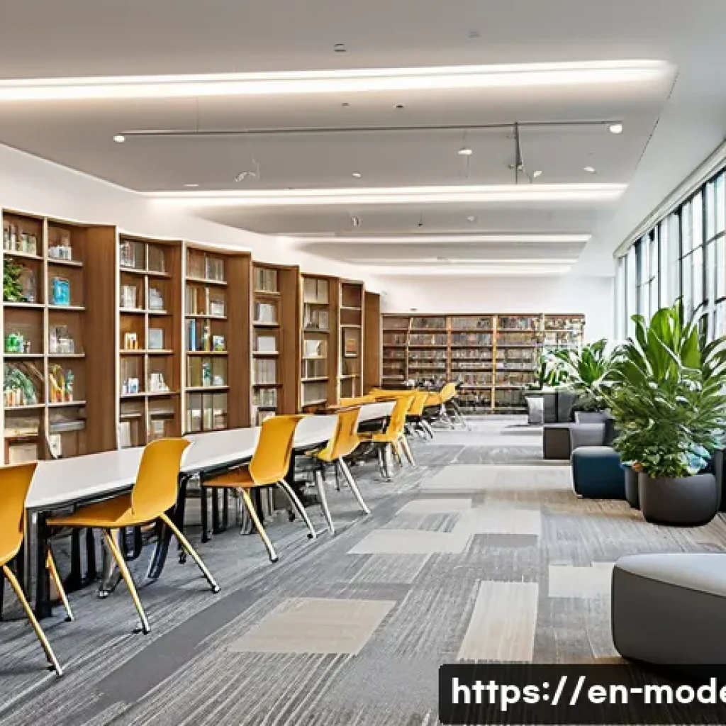 현대건축물 도서관 건축 혁신 - A modern community library interior showcasing an open floor plan with natural light flooding throug...