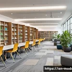 현대건축물 도서관 건축 혁신 - A modern community library interior showcasing an open floor plan with natural light flooding throug...