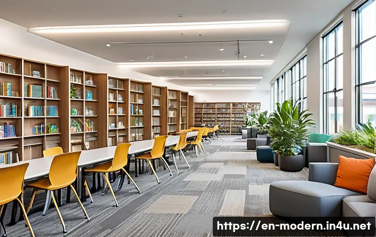 현대건축물 도서관 건축 혁신 - A modern community library interior showcasing an open floor plan with natural light flooding throug...