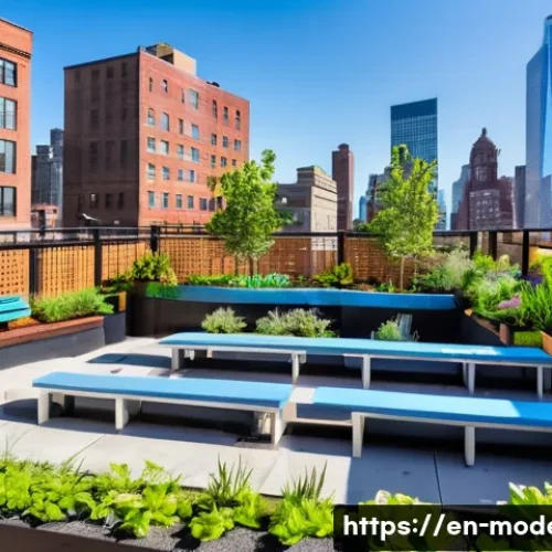 현대건축물 옥상 정원 사례 - A vibrant urban rooftop garden in Brooklyn during a sunny afternoon, featuring diverse native plants...