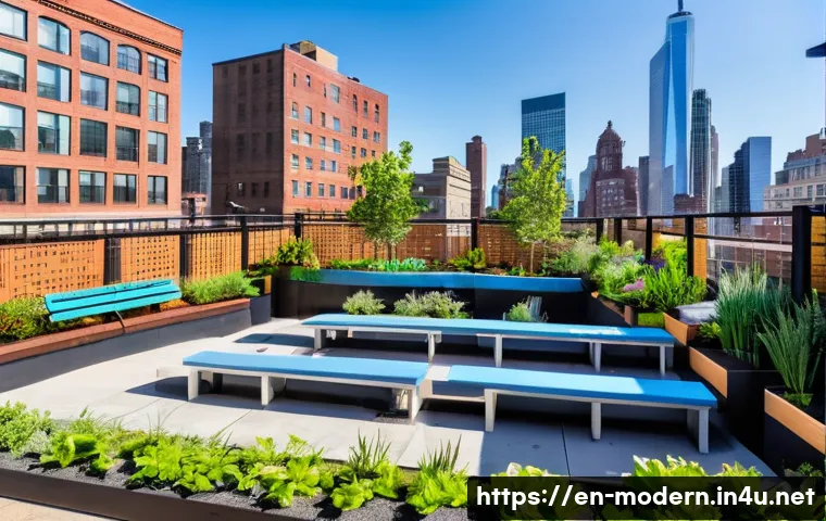 현대건축물 옥상 정원 사례 - A vibrant urban rooftop garden in Brooklyn during a sunny afternoon, featuring diverse native plants...