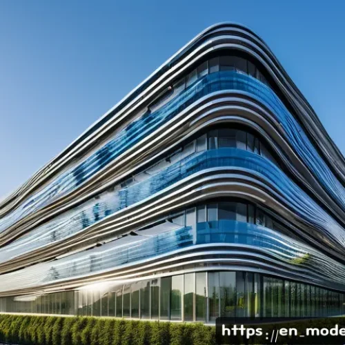 현대건축물 독창적 외관 디자인 - A futuristic office building featuring an adaptive facade with dynamic panels that open and close in...