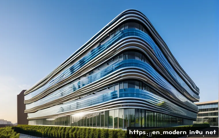 현대건축물 독창적 외관 디자인 - A futuristic office building featuring an adaptive facade with dynamic panels that open and close in...