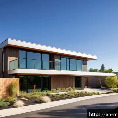 현대건축물 제로에너지 빌딩 - A modern energy-neutral home exterior in a suburban U.S. neighborhood during late afternoon, showcas...
