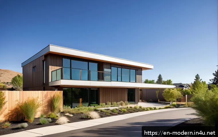 현대건축물 제로에너지 빌딩 - A modern energy-neutral home exterior in a suburban U.S. neighborhood during late afternoon, showcas...