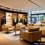 현대건축물 상업 공간 건축 - A modern boutique retail store interior featuring a multi-sensory design: warm vanilla scent subtly ...