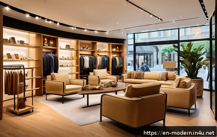 현대건축물 상업 공간 건축 - A modern boutique retail store interior featuring a multi-sensory design: warm vanilla scent subtly ...