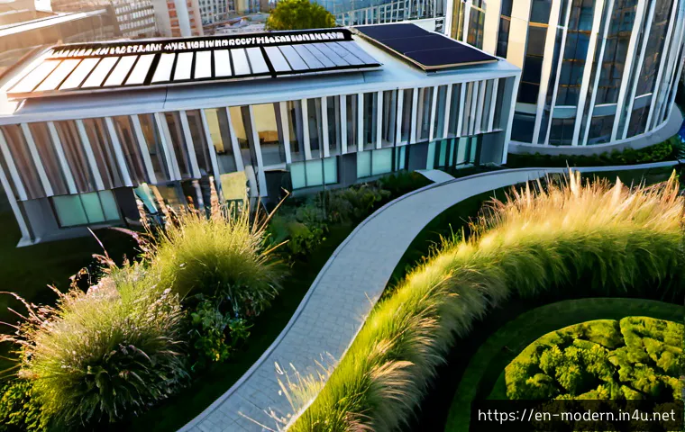 현대건축물 그린 루프 적용 - Photorealistic aerial view of a contemporary urban office building with a lush accessible green roof...